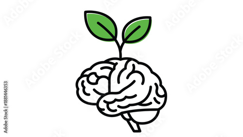 Brain with a sprouting leaf illustration representing growth, innovation, and fresh ideas