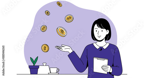 Woman receiving floating gold coins at her workplace desk.