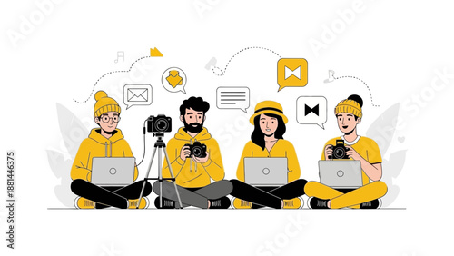 Creative Team Collaborating with Cameras and Laptops for Content Creation