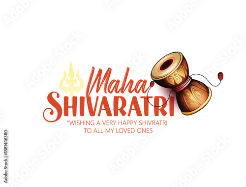 Maha Shivratri, greeting featuring a Shiva lingam silhouette, Damru drum, and trident against a deep red background. Wishing happiness to loved ones during the sacred Hindu festival.