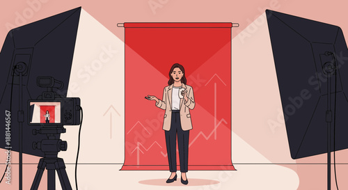 Woman presenting in front of a red backdrop with studio lighting.