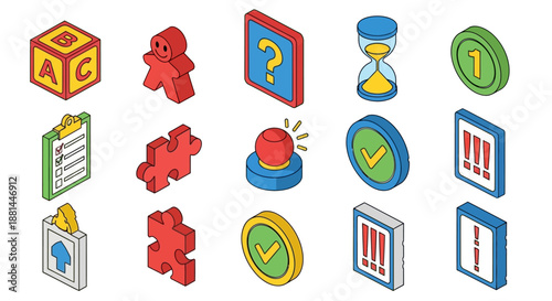 Vibrant Isometric Icons Collection Engaging 3D Graphic Elements for Board Games, Task Management, Problem Solving, and Digital Interface Design Concepts