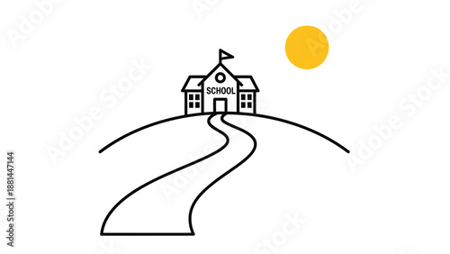 A winding path leading to a school building on a hill under a bright yellow sun