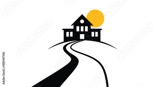 Minimalist black silhouette house on a hill with winding road and yellow sun