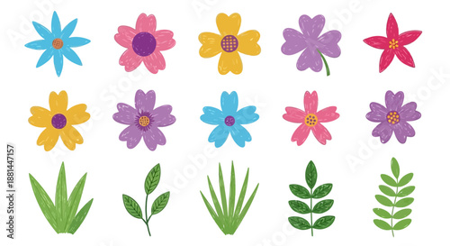 Vibrant collection of colorful stylized cartoon flowers and fresh green leaves, perfect for spring and summer botanical design elements and decorative illustrations