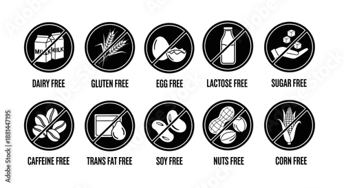 A versatile black and white icon collection showcasing essential dietary restrictions and allergen-free product labels, perfect for health-conscious branding and nutritional information