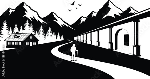 Mountain valley road scene with couple walking toward alpine village bridge illustration nature travel vector black white art scenic minimalist