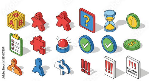 Isometric 3D icons Game pieces, business tools, alerts, checks. Versatile collection for interactive design, digital interfaces, and visual projects