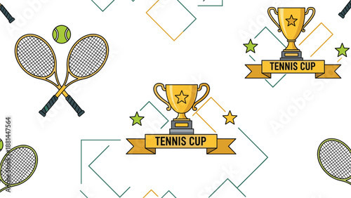 Seamless pattern design featuring tennis rackets, balls, golden trophy cups, and colorful stars for sports enthusiasts and athletes.