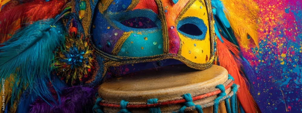 Fototapeta premium A colorful mask with feathers and a drum in front of it