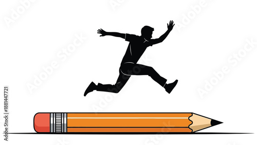 A man's silhouette leaps dynamically over a giant pencil, symbolizing overcoming challenges and creativity