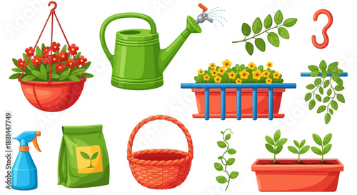 Essential Gardening Tools and Vibrant Plant Illustrations Set for Springtime Home Cultivation and Hobby Projects