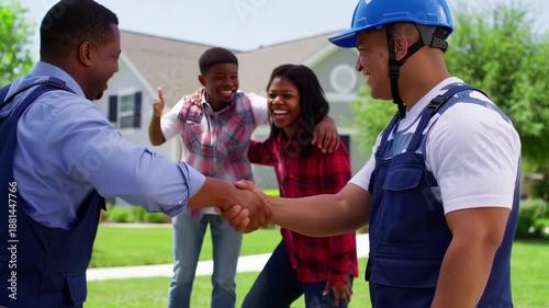 Two men shake hands with a couple smiling in background, construction worker smiles, a home is shown
