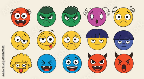 Vibrant collection of diverse cartoon faces expressing a wide spectrum of emotions and moods, ideal for expressive graphic design assets and character illustrations