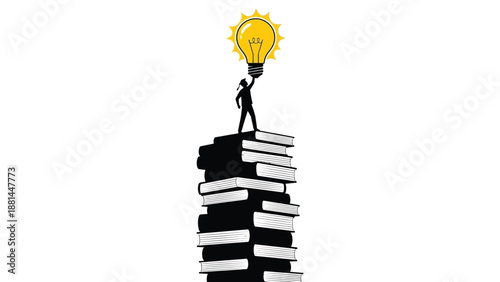 A graduate stands atop a tower of books, holding a bright idea, symbolizing educational success