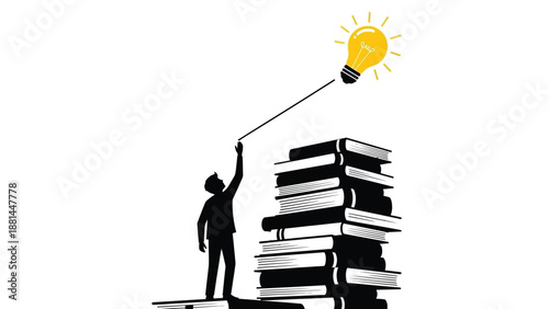 The pursuit of wisdom: a silhouette reaching for an illuminated idea atop stacked books