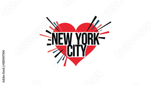 Graphic design of the text New York City centered over a red heart with colorful radiating lines suggesting energy and love.
