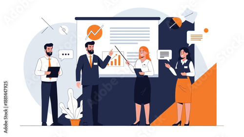 Business Team Presents Data Insights on Whiteboard Presentation