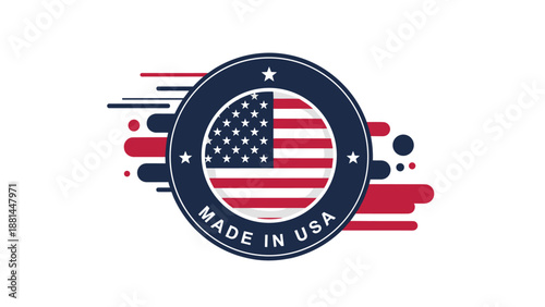 Circular quality seal featuring the American flag stripes and stars with text stating Made in USA against a dynamic background.
