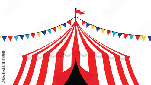 Wide view of a classic red and white striped circus tent peak decorated with colorful bunting flags against a white sky.
