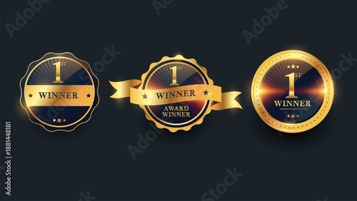 Set of three luxury golden award winner badges with elegant dark background, vector illustration of success and excellence
