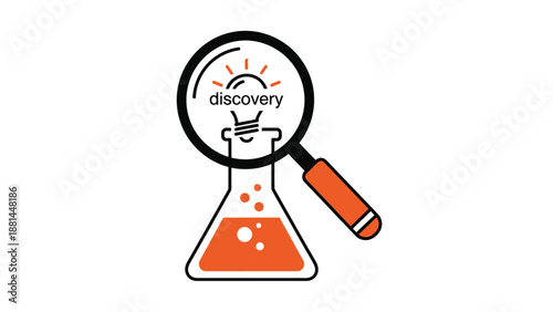 Scientific discovery and innovation concept with a flask, magnifying glass, and light bulb