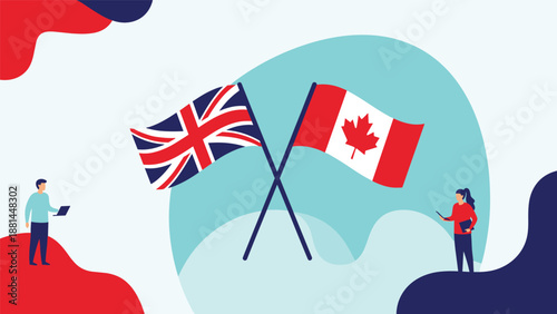 Two hands holding the national flags of the United Kingdom and Canada crossed against a light blue circle with characters.