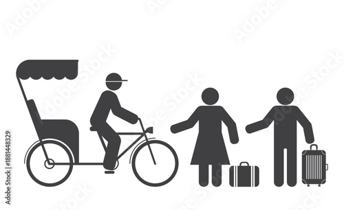 person drive velorikshaw bicycle and tourists with lagguage icon