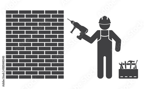worker man with hand electric drill repair brick wall icon