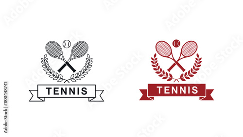 Tennis logo emblems featuring crossed rackets with a ball and laurel wreaths in black and red versions on a white background.