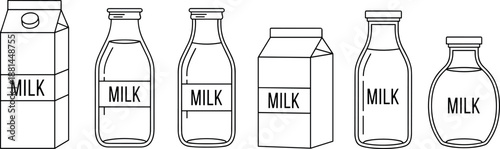 Milk packaging collection illustration, bottles and cartons set, dairy product containers outline icons isolated on white background design