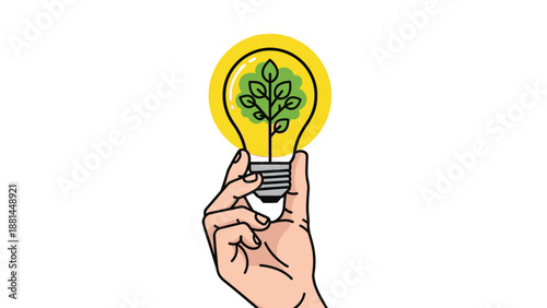 A hand holding a glowing lightbulb with a vibrant plant growing inside, symbolizing sustainable innovation
