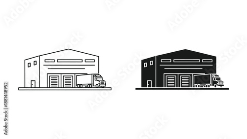 Tableau sur toile Warehouse buildings with semi trucks parked outside in black and white line art