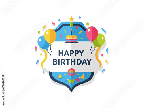 Festive Happy Birthday badge with balloons, confetti, and a cake