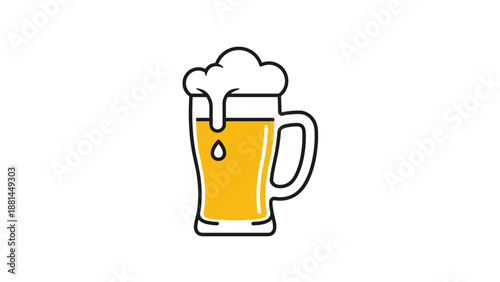 Simple vector illustration of a glass mug filled with golden beer topped with a thick layer of white foam on a white background.