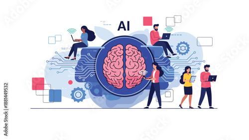 Central glowing human brain surrounded by diverse professionals working on laptops and mobile devices for AI research.