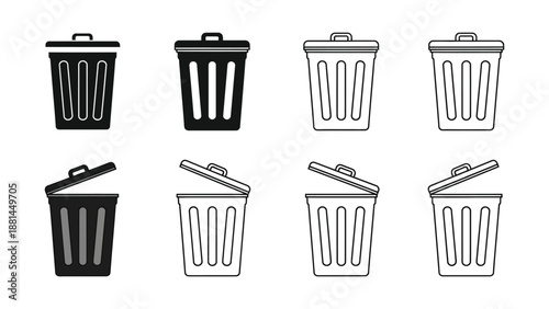 A set of four trash can icons, two in black and two in outline, with lids open and closed.