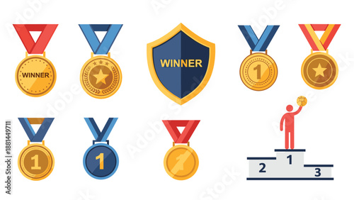 Comprehensive set of winner medals in gold silver and bronze plus a person on a podium for celebrating sports achievements.