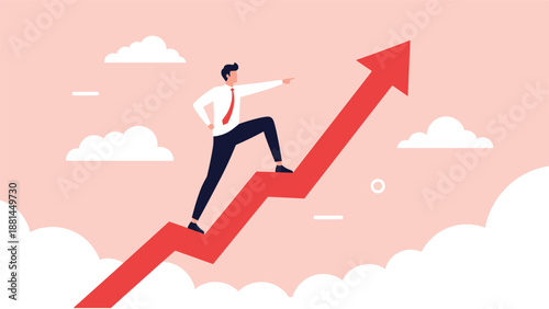 Ambitious businessman walking up a large red growth arrow symbolizing success, career advancement, and reaching financial goals in business.