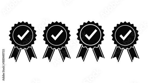 Four black award ribbons with white checkmarks are arranged in a row.