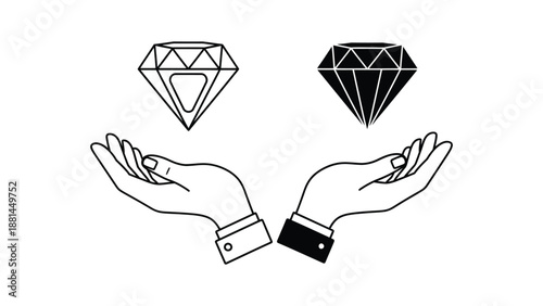 Two hands hold a clear diamond and a black diamond