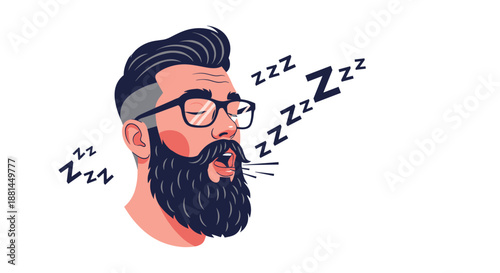 Portrait of a bearded man with glasses sleeping soundly with his mouth open while several zzz icons float around his head in the air.