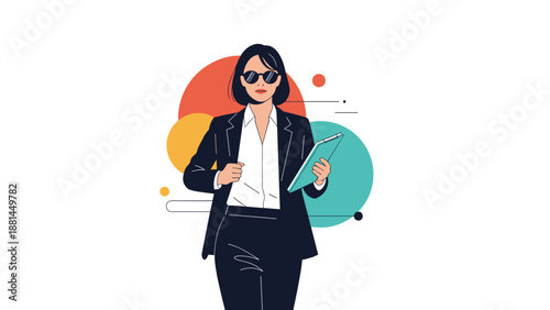 Elegant professional businesswoman wearing a suit and sunglasses while holding a tablet computer against a stylish abstract circular background.