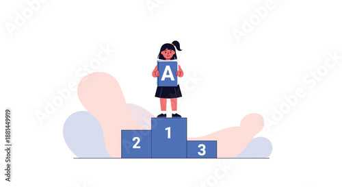 Proud young student stands on a blue first place podium while holding up a book with a large letter A to represent academic excellence.
