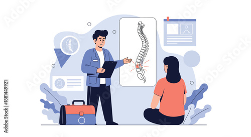 Male doctor shows a female patient an illustration of the human spine on a screen while discussing medical health and back pain issues.
