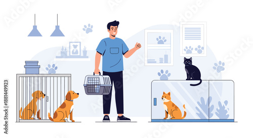 Pet shop worker carries a small animal carrier while cats and dogs wait in their respective cages and enclosures inside a bright room.