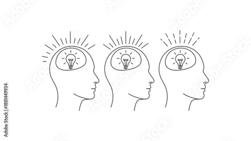 Three heads with lightbulbs inside symbolize ideas and inspiration.