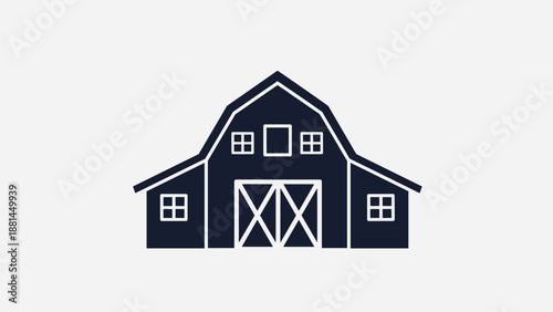 Minimalist navy blue silhouette icon of a traditional farmhouse or barn building for agricultural and rural themes.