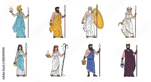 Set of eight classic Greek gods and goddesses in traditional robes holding various symbolic items like spears shields and golden jars.