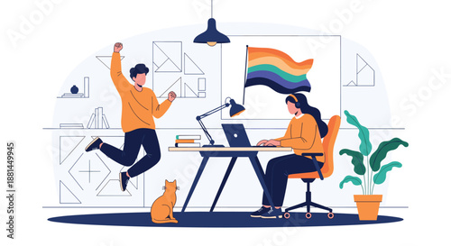Celebration in an office setting shows a man jumping for joy while a woman works on her laptop with a pride flag flying in the background.